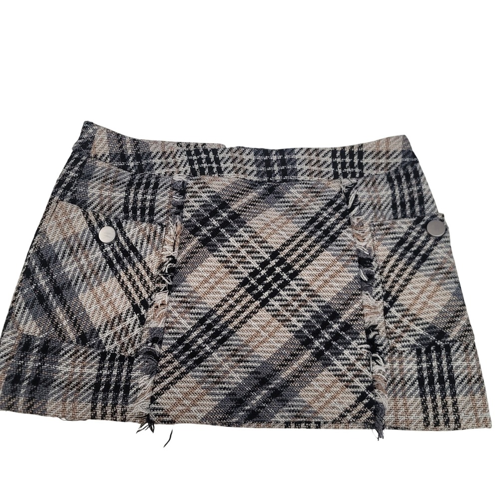 VERSONA Women's Plaid Tweed Mini Skirt, Fringe Detail, Career,‎ Neutral, Medium